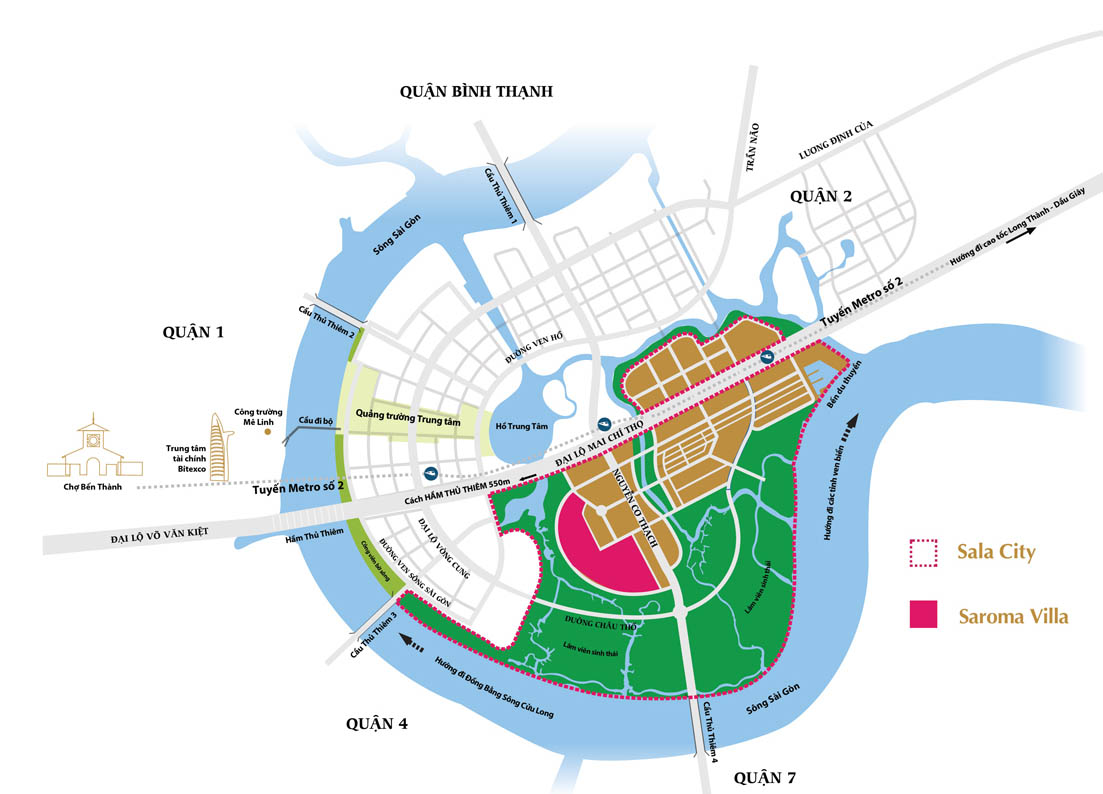 Sala villa project is the only isolated ecological villa community in Thu Thiem urban area, less than 5 minutes from District 1 center