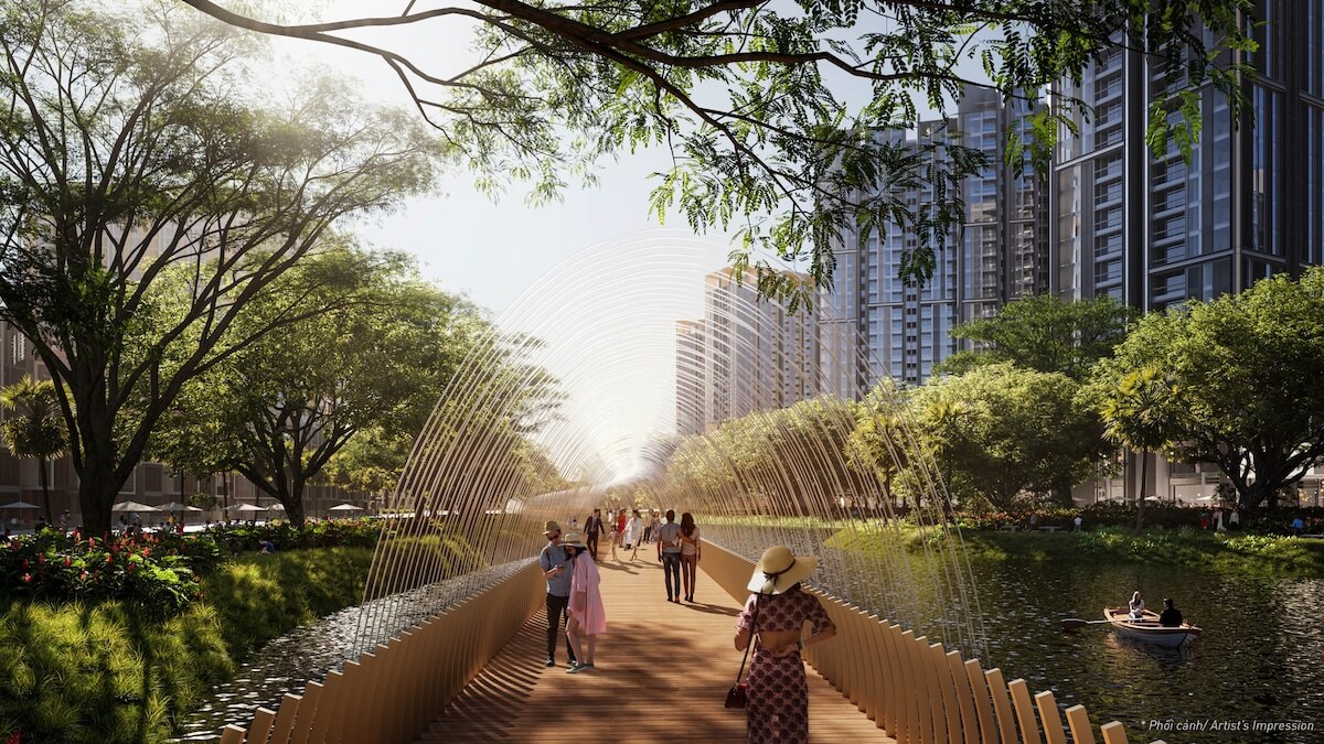Cầu đi bộ với đài phun nước cầu vồng tại Canal of Love