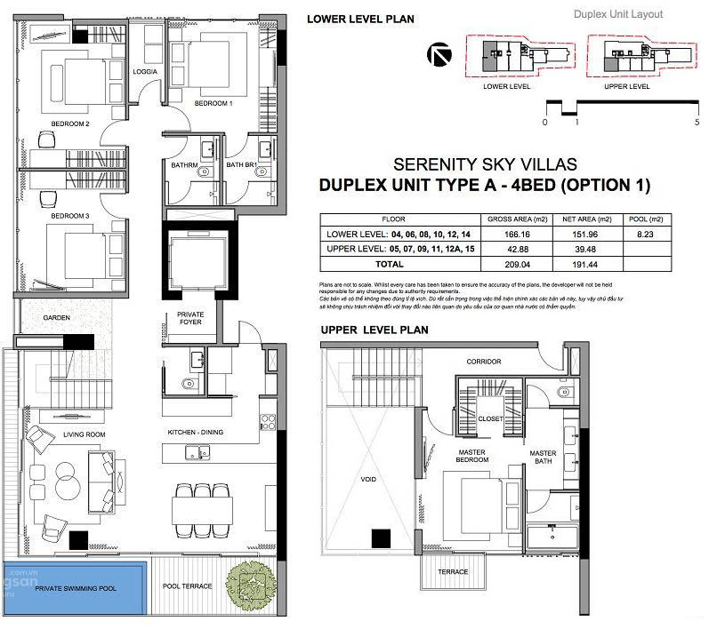 Layout chi tiết duplex 4PN Serenity Sky Villas Quận 3
